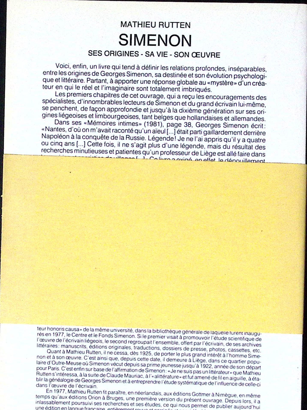 Livre - Georges Simenon - Mathieu Rutten - Simenon, ses origines, sa vie, son oeuvre - EO - 1986 - TTBE - Eugene Wahle Editeur