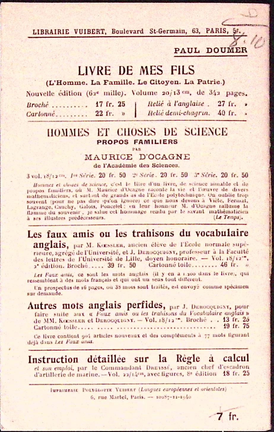 Livre ancien - Mathématiques - Petites tables pour les calculs - P. Lamaire - EO - 1941 - TTBE - Librairie Vuibert