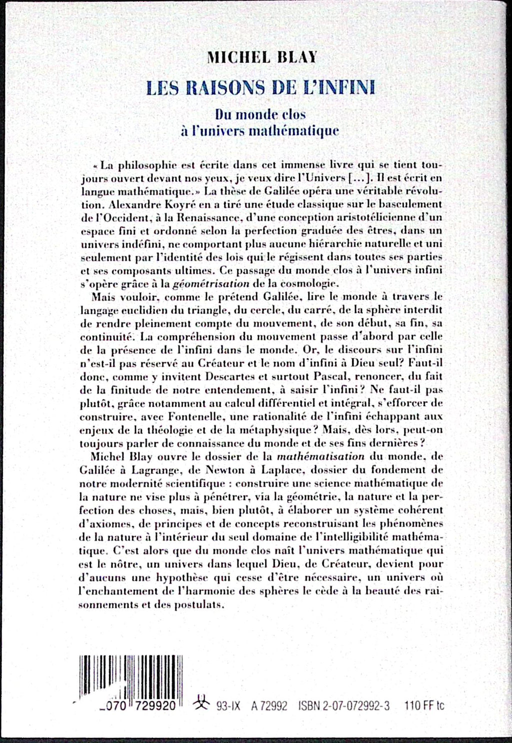 Livre ancien - Mathématiques - Les raisons de l'infini - Michel Blay - EO - 1993 - TTBE- Gallimard