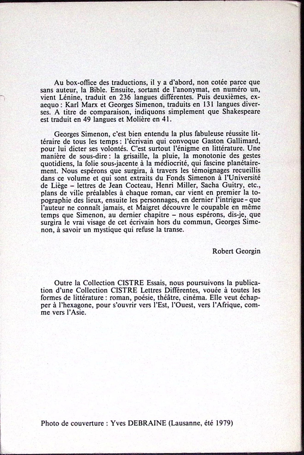 Livre - Georges Simenon - Georgin/Mertens/Micha - Collection cistre essai 10 - Simenon L'age d'homme - EO - 1980 - TTBE - Editions l'age d'homme