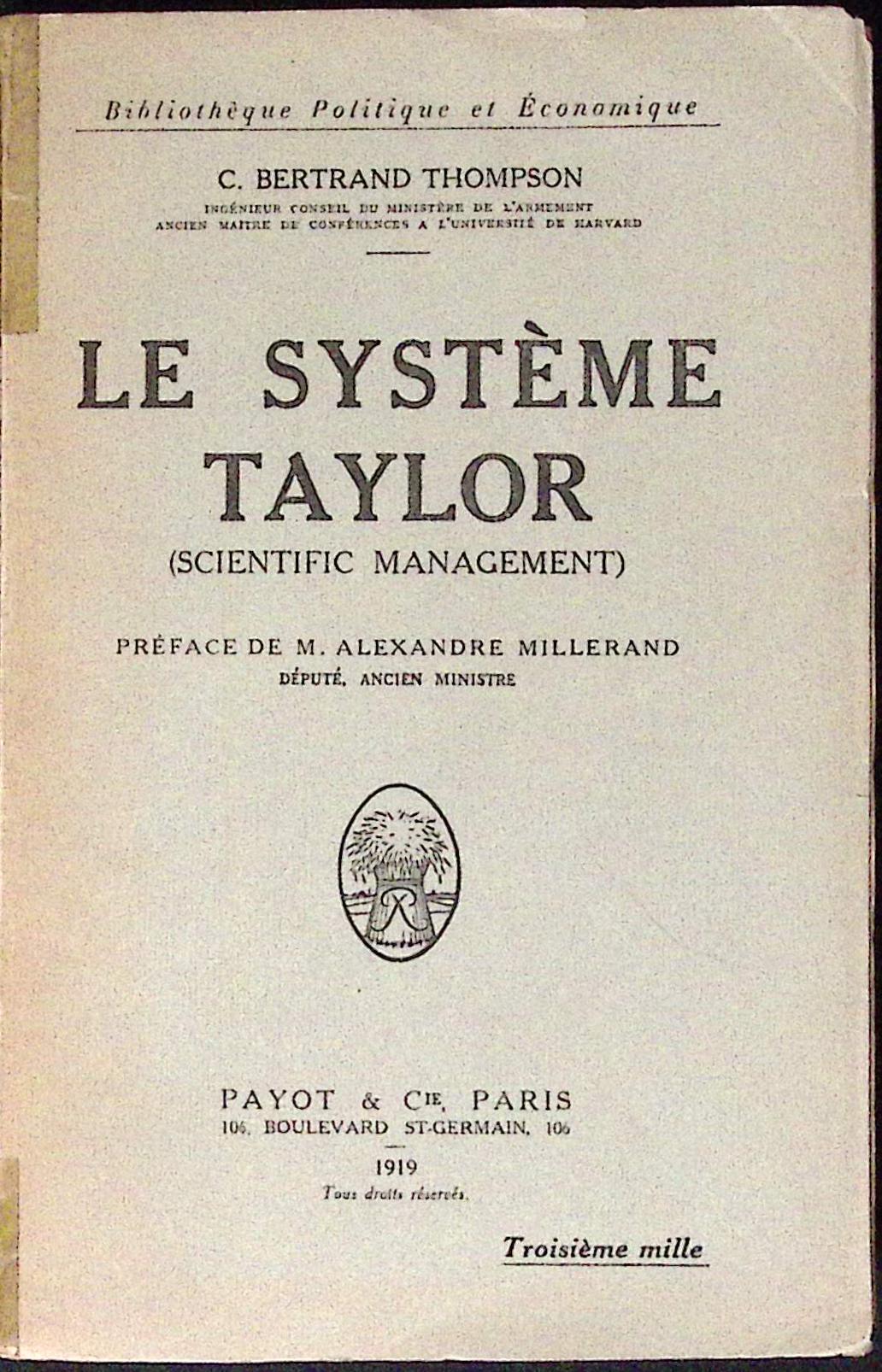 Livre ancien - Ouvrages techniques - Le système Taylor - C. Bertrand Thompson - EO - 1919 - TTBE - Payot et Cie