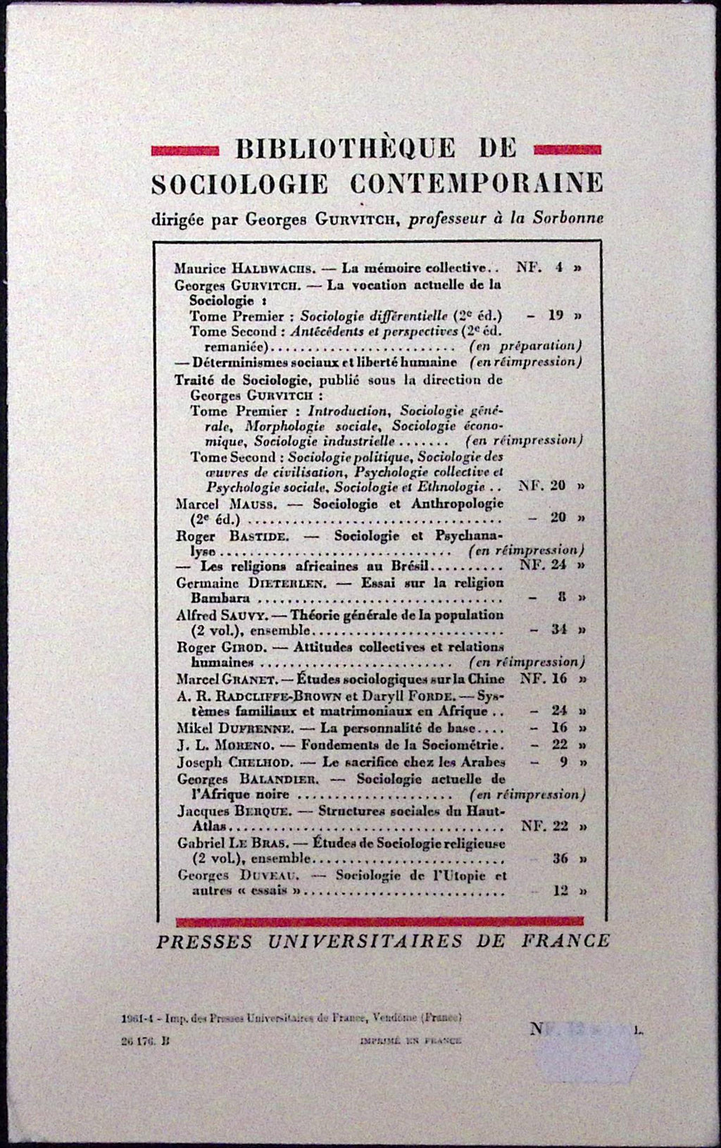 Livre ancien - SSH - Sociologie de l'utopie - Georges Duveau - EO - 1961 - TTBE- Presses universitaires de France
