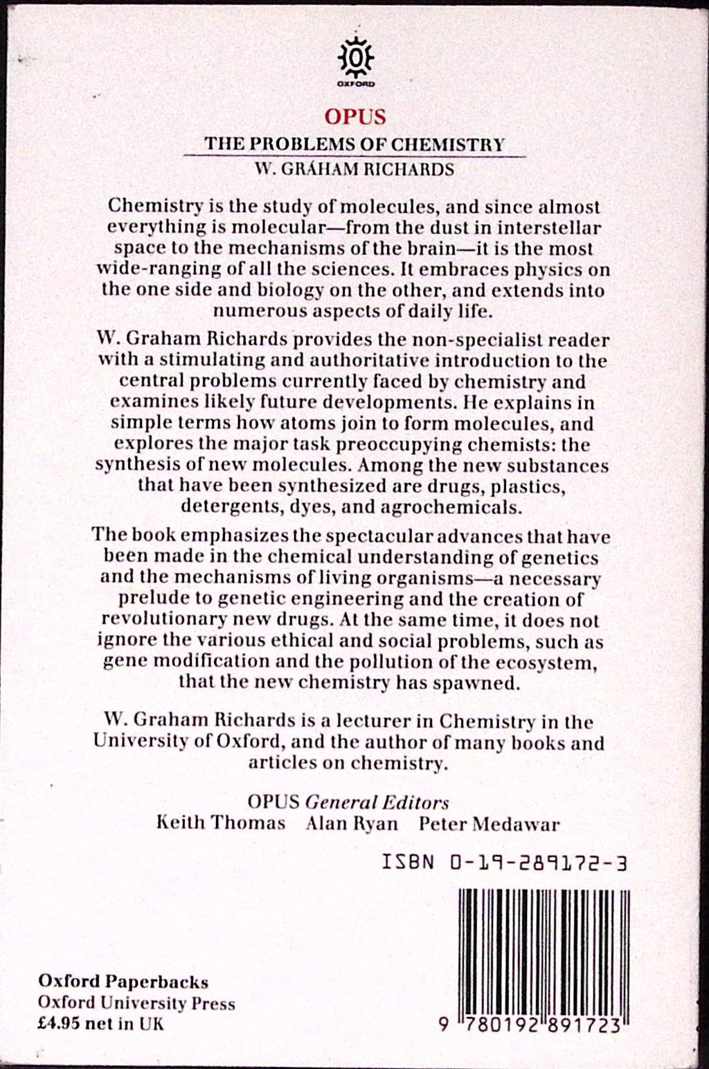 Livre ancien - Physique/Chimie - The problems of chemistry - W. Graham Richards - EO - 1986 - EN - Oxford University Press