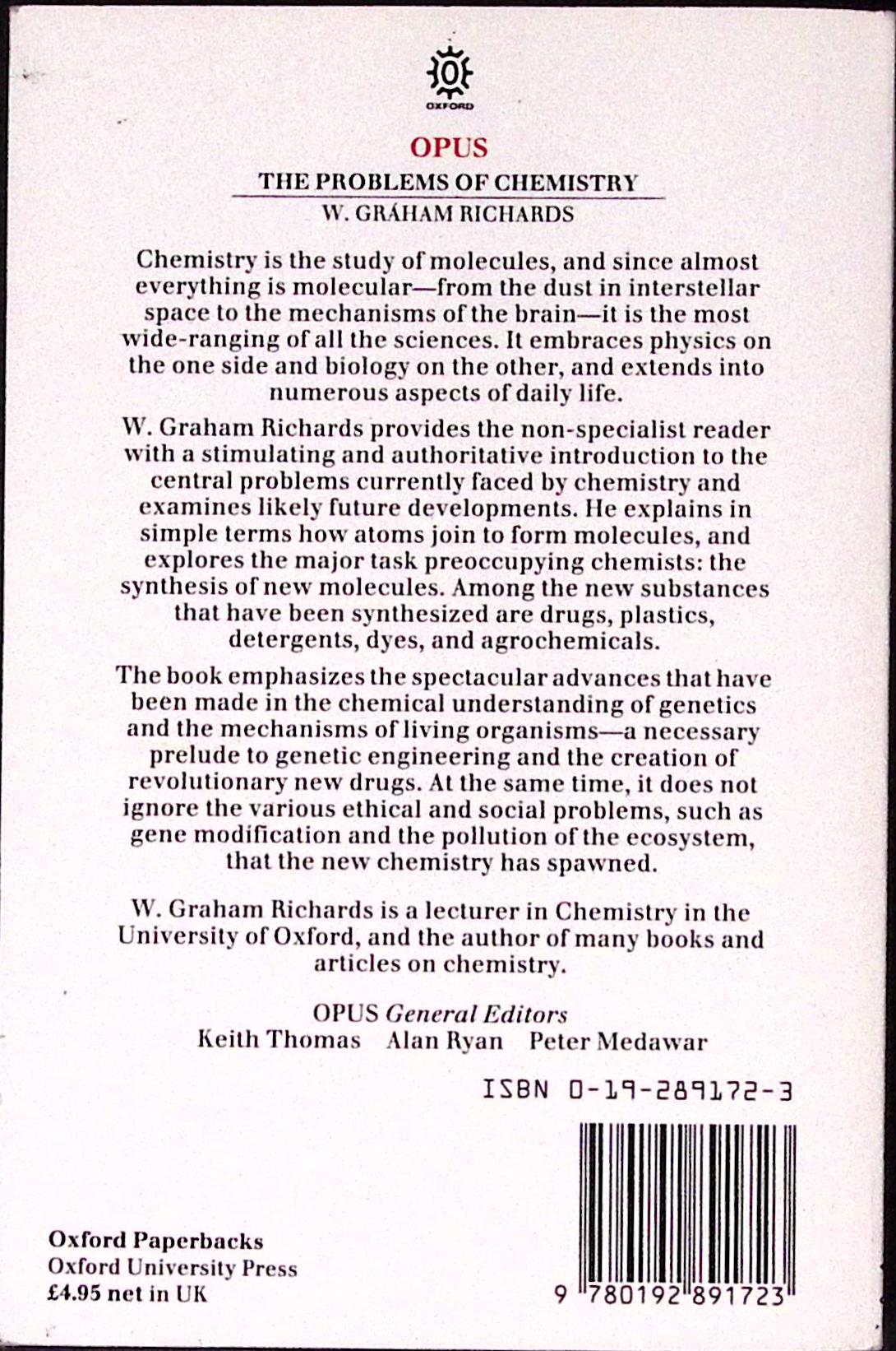 Livre ancien - Physique/Chimie - The problems of chemistry - W. Graham Richards - EO - 1986 - EN - Oxford University Press