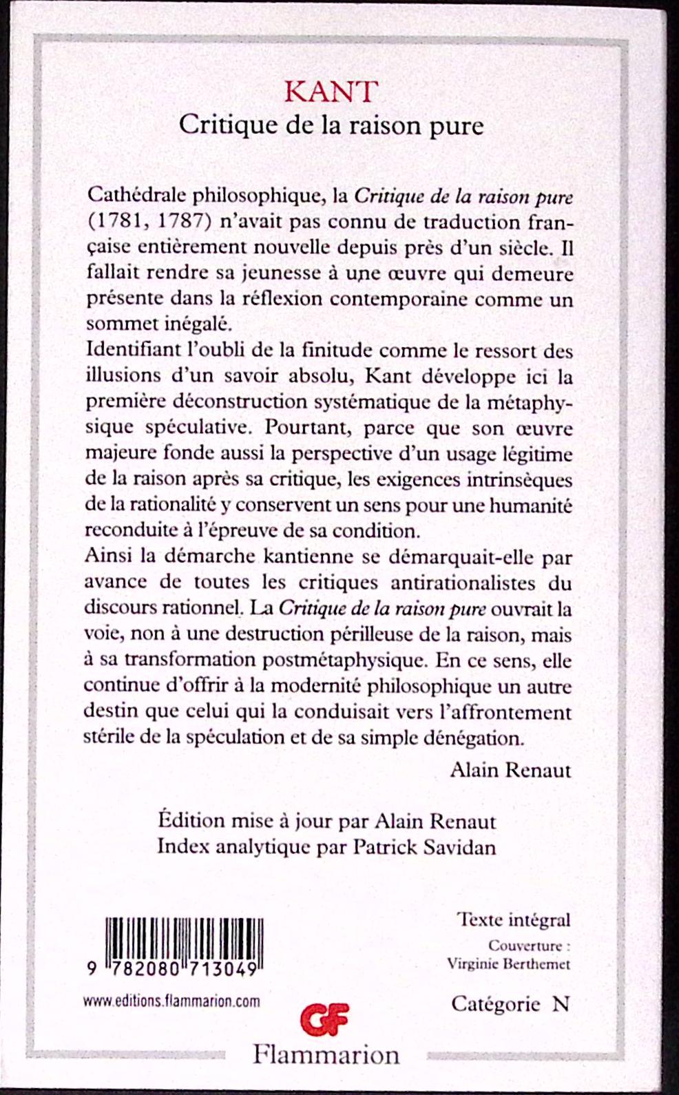 Livre ancien - Philosophie - Kant Critique de la raison pure - Alain Renaut - RE - 2006 - TTBE - Flammarion