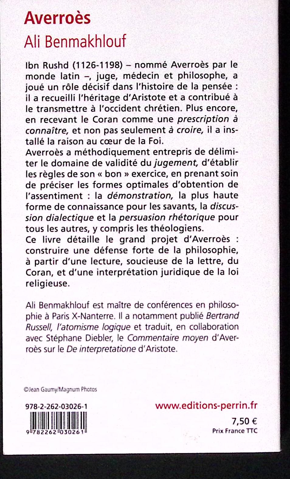 Livre ancien - Philosophie - Averroès - Ali Benmakhlouf - EO - 2009 - TTBE - Editions Perrin