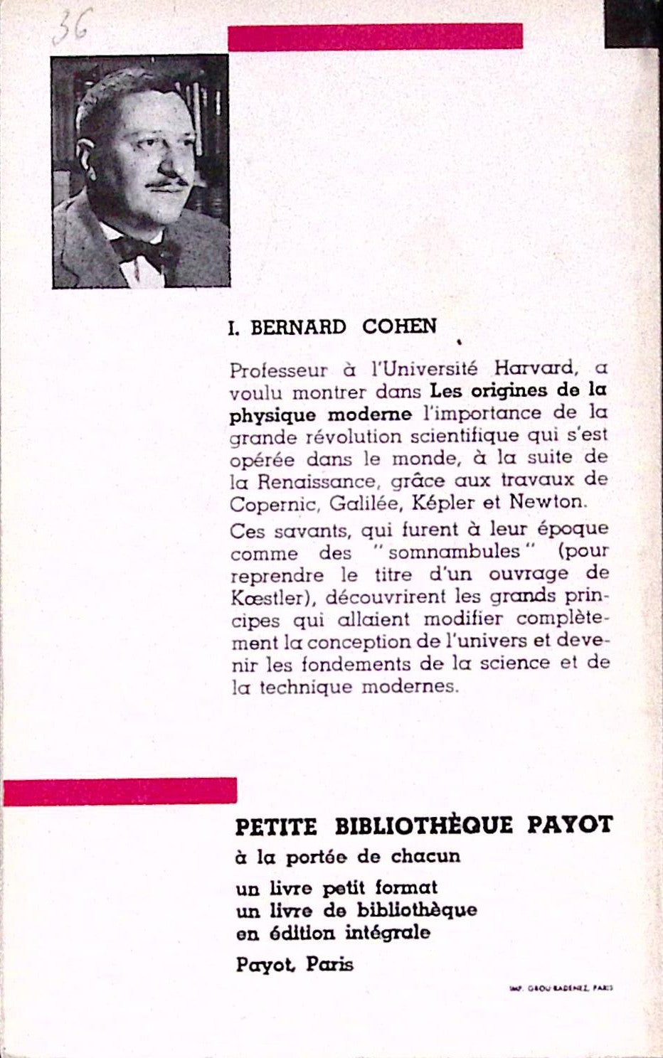Livre ancien - Histoire - Les origines de la physique moderne - Bernard Cohen - EO - 1960 - TTBE- Payot