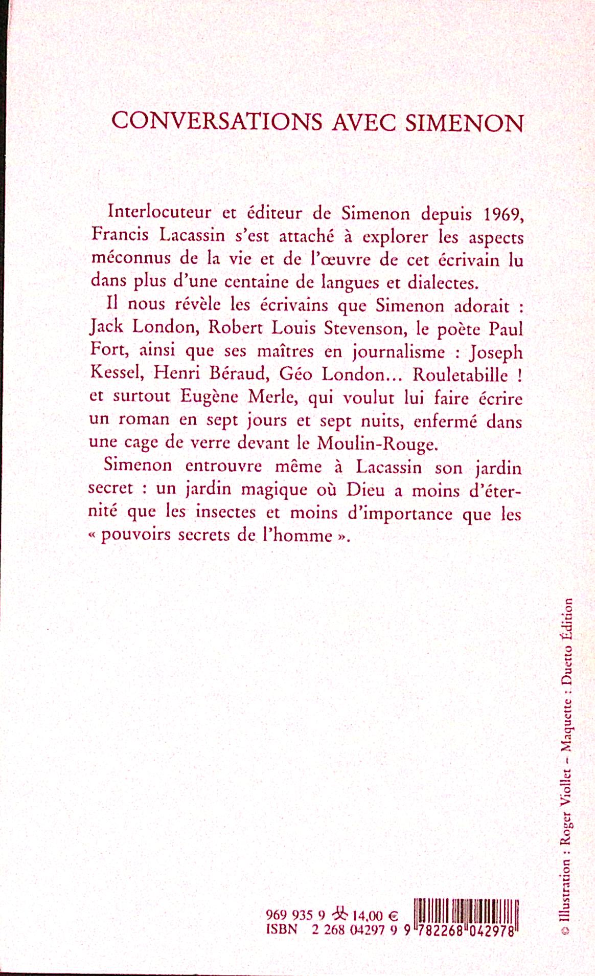 Livre - Georges Simenon - Francis Lacassin - Conversations avec Simenon - EO - 2002 - TTBE - éditions du Rocher