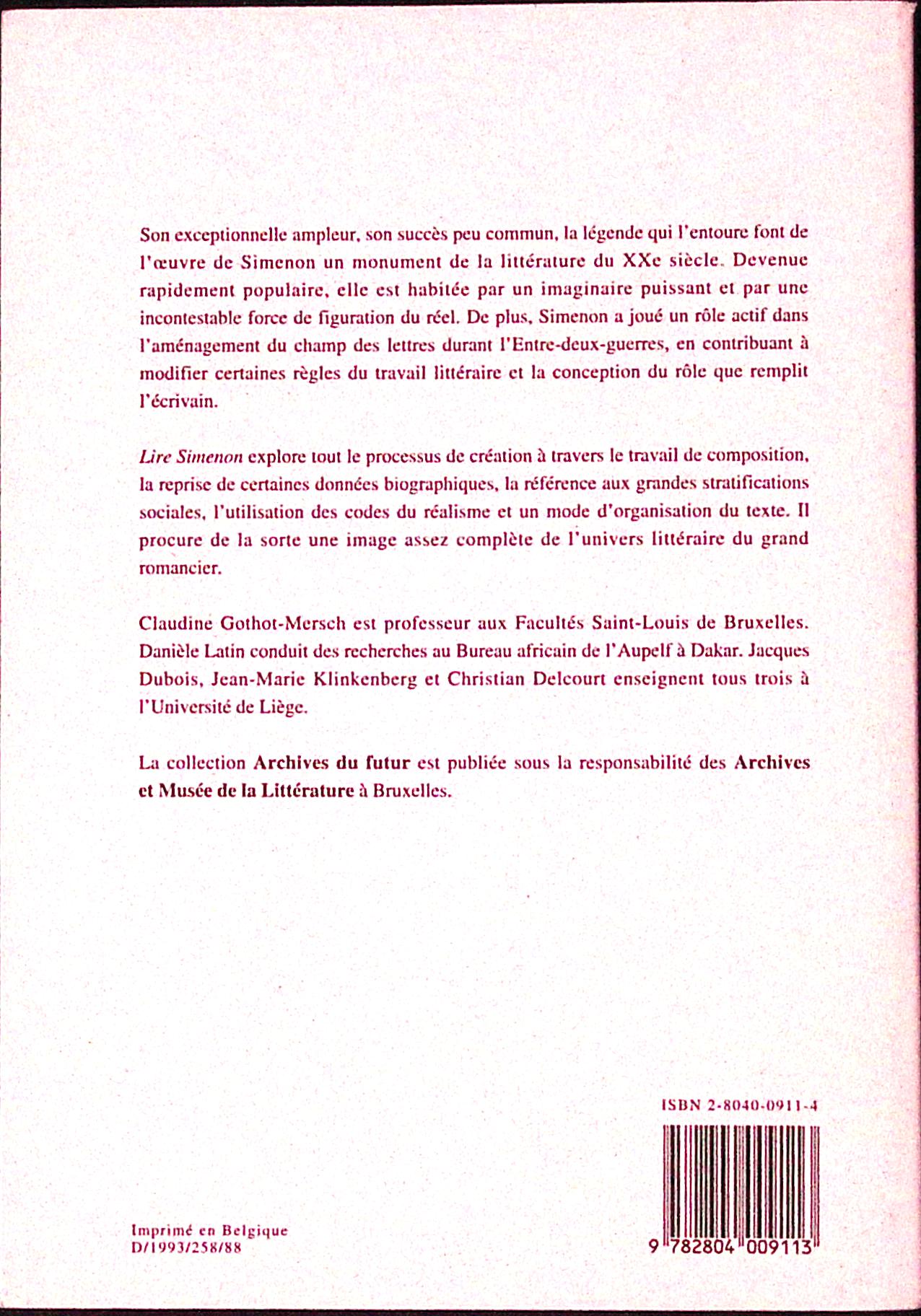 Livre - Georges Simenon - Christian Delcourt - Lire Simenon : réalite, fiction, écriture - EO - 1990 - TTBE - éditions Labor