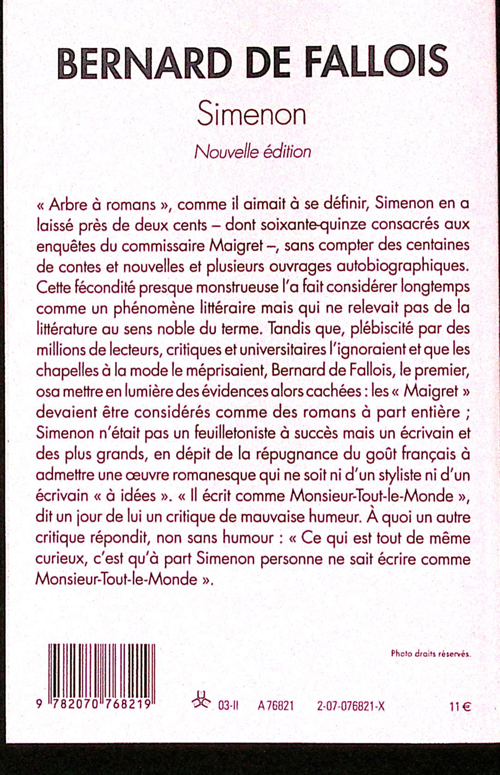 Livre - Bernard de Fallois - Simenon N°321 - EO - 2003 - TTBE - Tel