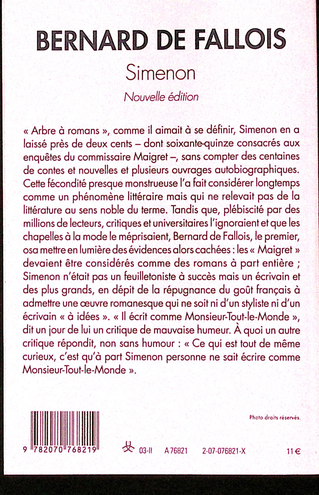 Livre - Bernard de Fallois - Simenon N°321 - EO - 2003 - TTBE - Tel