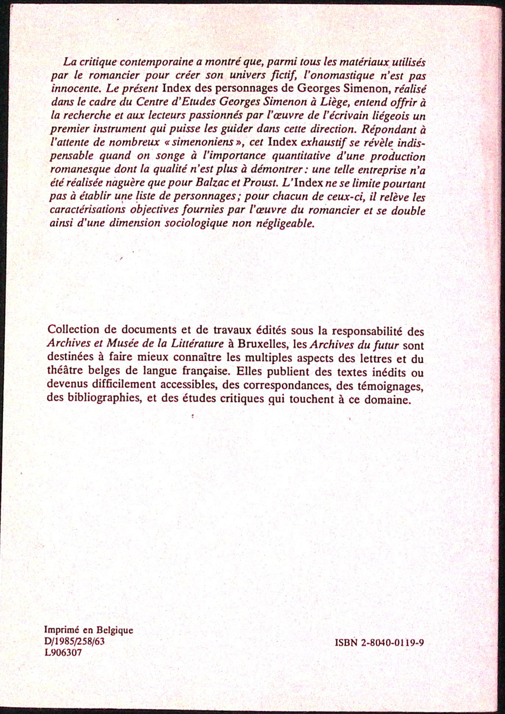 Livre - Georges Simenon - Michel Lemoine - Index Des Personnages De Georges Simenon - EO - 1985 - TTBE - Labor