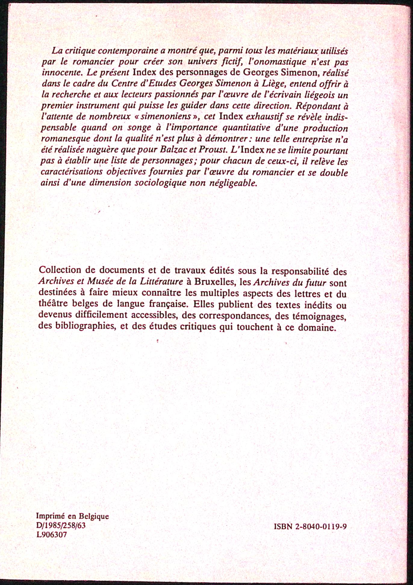 Livre - Georges Simenon - Michel Lemoine - Index Des Personnages De Georges Simenon - EO - 1985 - TTBE - Labor