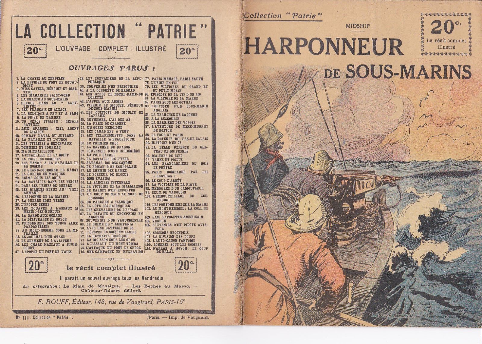 Collect. Patrie - Le Harponneur de sous-marins - N°111-EO - 1919  TBE Midship