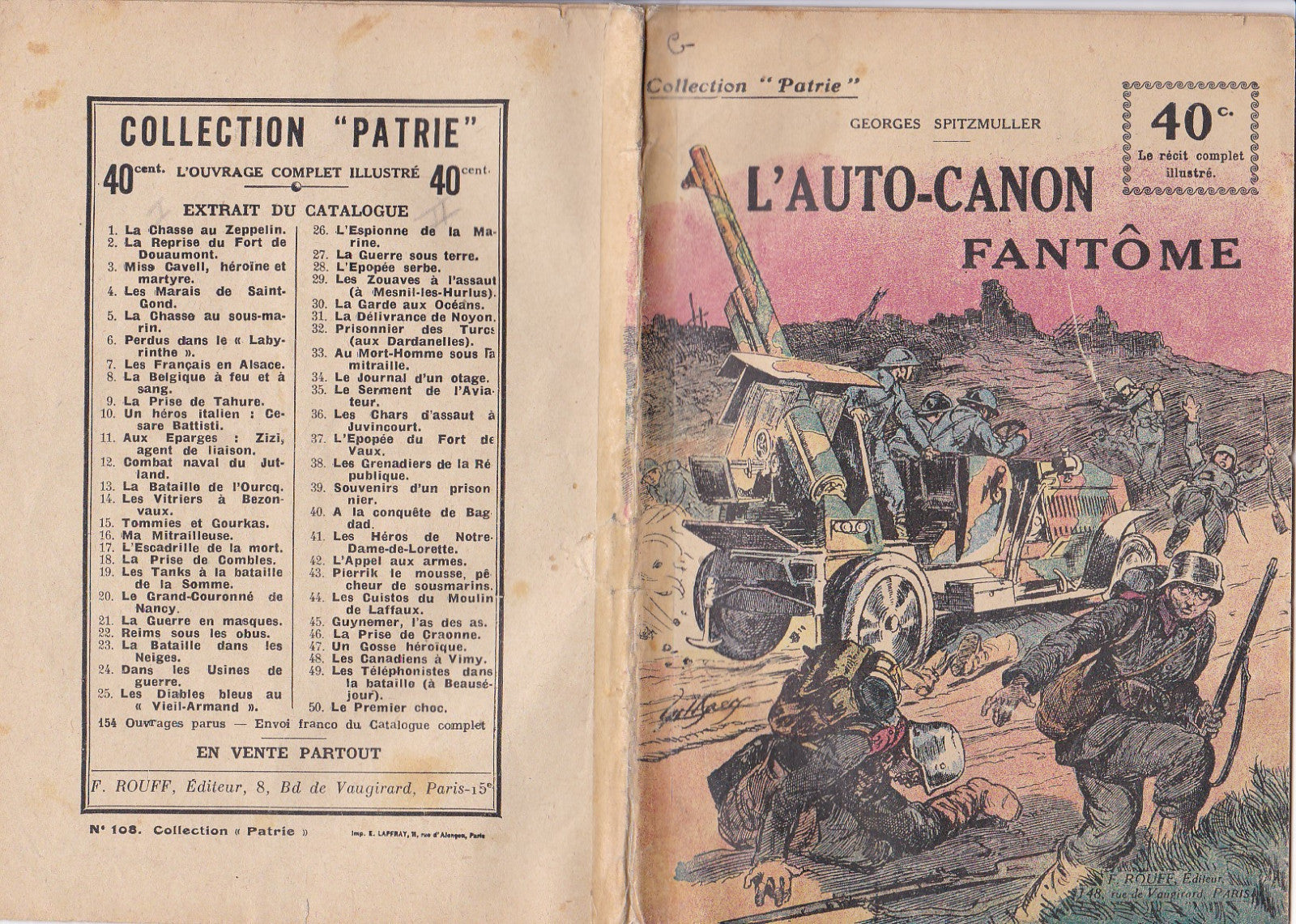 Collection Patrie - L'Auto-canon fantôme  - N°108-EO - 1919  TBE Spitzmuller
