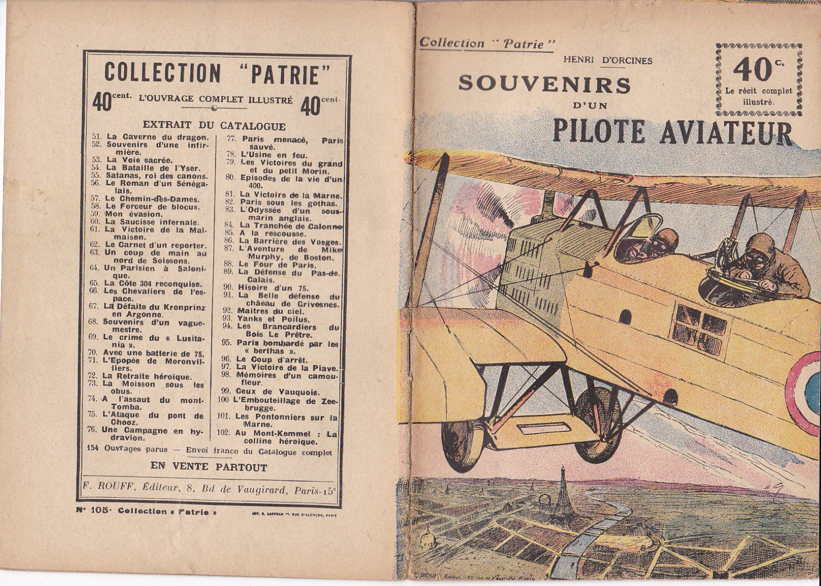 Collection Patrie - Souvenirs d'un Pilote  - N°105-EO - 1919  TBE D'Orcines